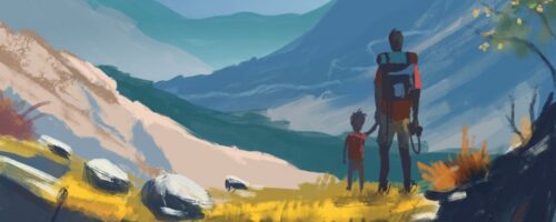 Rodzic z dzieckiem patrzą na góry. Ilustracja: Jedrzej Nyka