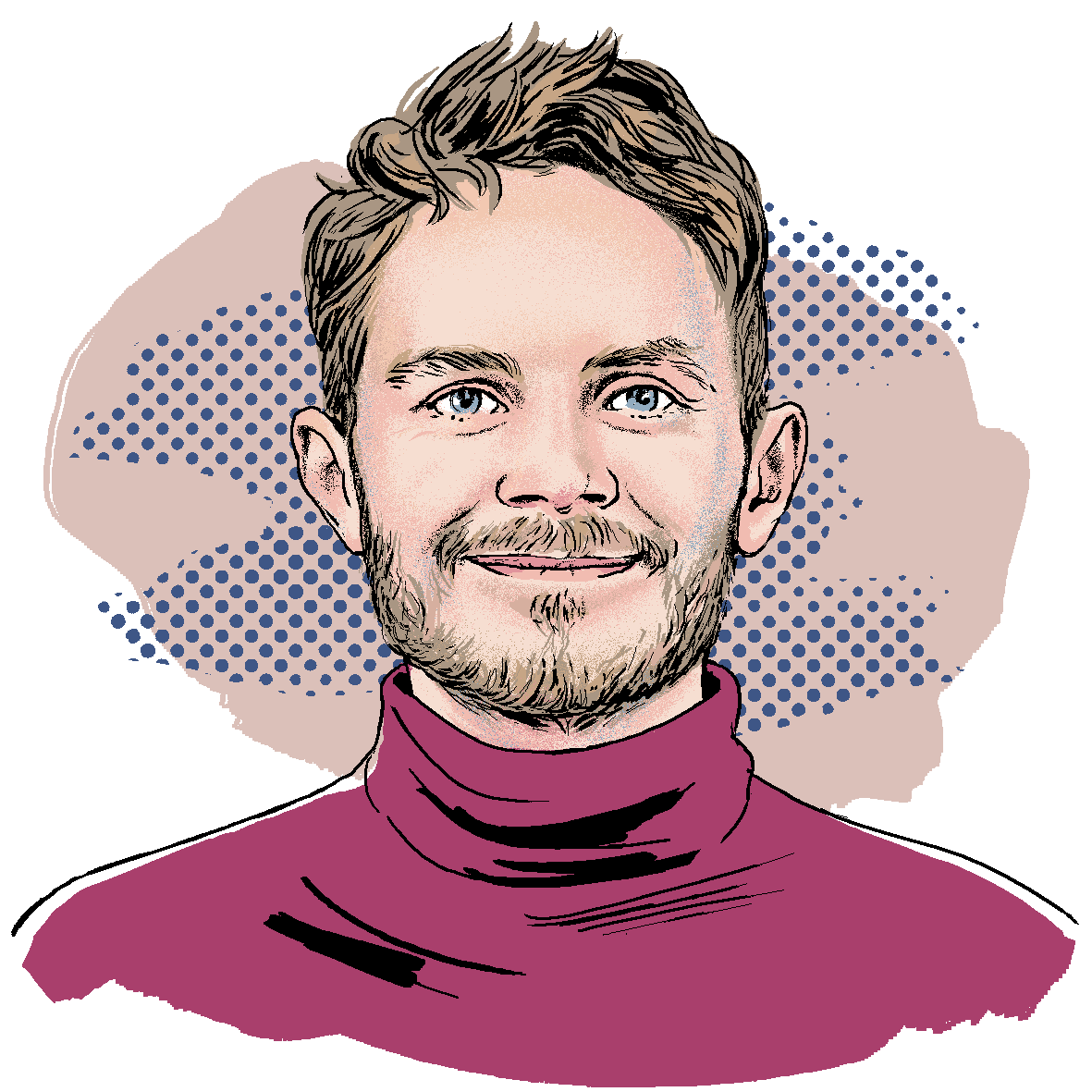 Portret blondyna w bordowym golfie, lekki zarost. To Michał Jędrzejek
