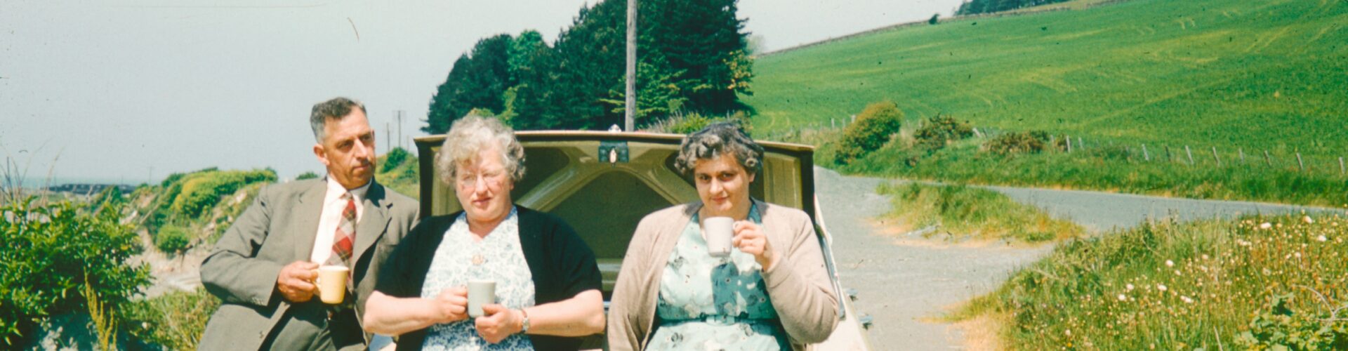 Three people enjoy a picnic next to a car