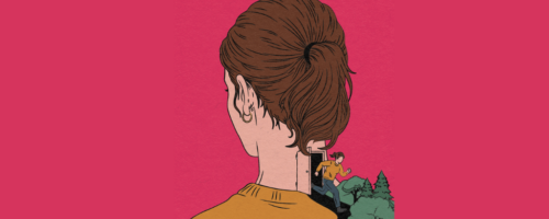 Ilustracja przedstawiająca kobietę odwróconą tyłem, widoczną od ramion w górę. Na jej karku znajdują się prostokątne drzwi, z których wychodzi mała postać biegnąca w stronę zielonych drzew. Tło jest jednolicie różowe