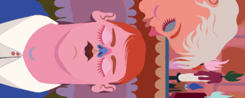 Kolorowa ilustracja w pastelowych kolorach. Stylizowana ilustracja przedstawia scenę czuwania przy zmarłej osobie. W centrum obrazu widoczna jest postać leżąca na plecach w drewnianej trumnie ustawionej po przekątnej kadru. Postać ma krótkie rudawo‑pomarańczowe włosy i zamknięte oczy z widocznymi długimi rzęsami. Ubrana jest w białą koszulę, leży na jasnofioletowej poduszce. Z lewej strony nad trumną pochyla się druga postać z jasnymi, długimi włosami związanymi z tyłu kokardą. Ta postać zbliża twarz do czoła osoby w trumnie, jakby ją całowała. W tle widać liczne dekoracje i portrety świętych