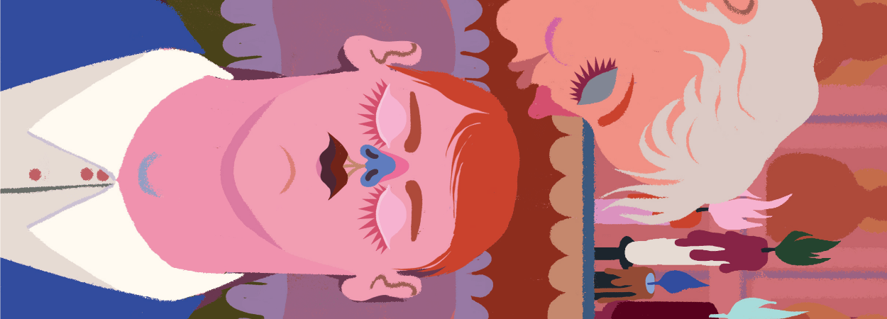 Kolorowa ilustracja w pastelowych kolorach. Stylizowana ilustracja przedstawia scenę czuwania przy zmarłej osobie. W centrum obrazu widoczna jest postać leżąca na plecach w drewnianej trumnie ustawionej po przekątnej kadru. Postać ma krótkie rudawo‑pomarańczowe włosy i zamknięte oczy z widocznymi długimi rzęsami. Ubrana jest w białą koszulę, leży na jasnofioletowej poduszce. Z lewej strony nad trumną pochyla się druga postać z jasnymi, długimi włosami związanymi z tyłu kokardą. Ta postać zbliża twarz do czoła osoby w trumnie, jakby ją całowała. W tle widać liczne dekoracje i portrety świętych