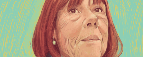 Ilustracja. Portret starszej kobiety (Gisele Pelicot) z krótkimi rudymi włosami na turkusowym tle. Ma na sobie ciemną marynarkę, jasną koszulę oraz szarfę z jasnymi kwiatami i przypinkę z napisem „SHAME MUST CHANGE SIDES”. W dolnej części ilustracji widoczne są mniejsze postacie stojące obok siebie oraz sprzęt nagraniowy i mikrofony skierowane w stronę kobiety z portretu
