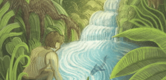 Ilustracja. Gęsta zieloną dżungla z wijącą się rzeką i małym wodospadem w tle. Na pierwszym planie znajduje się osoba kucająca nad wodą, sięgająca dłonią do strumienia. Wokół rosną duże liście i drzewa, a wśród roślin widoczne są małe zwierzęta przypominające jaszczurki oraz ptaki
