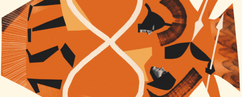 Ilustracja w stylu wyklejanki. Pomarańczowa grecka waza z sylwetkami dwóch hoplitów. Na środku znak nieskończoności. PO lewej stronie wazy siedzi zamyślony mężczyzna.