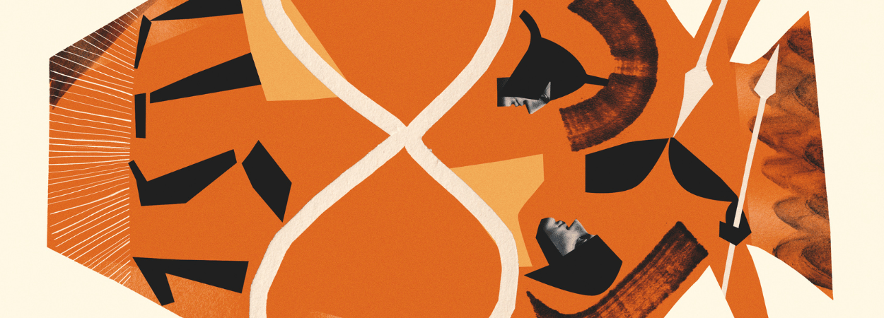 Ilustracja w stylu wyklejanki. Pomarańczowa grecka waza z sylwetkami dwóch hoplitów. Na środku znak nieskończoności. PO lewej stronie wazy siedzi zamyślony mężczyzna.